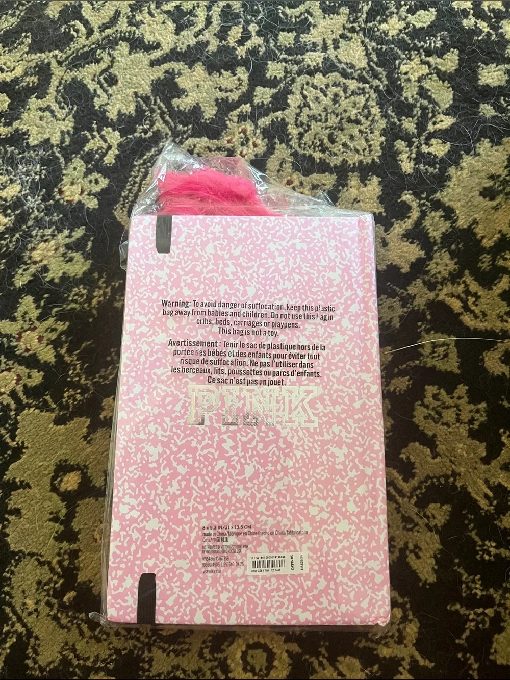 PINK Victoria's Secret Hot Pink Feather Pen & Pink Composition Notebook Set